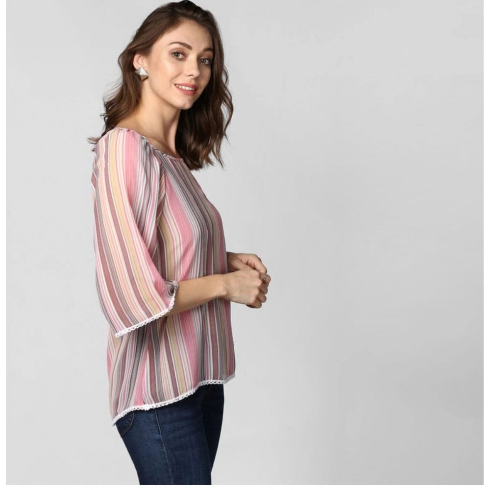 Women's Polyester Striped 3/4 Sleeve Sleeves Top - Pink