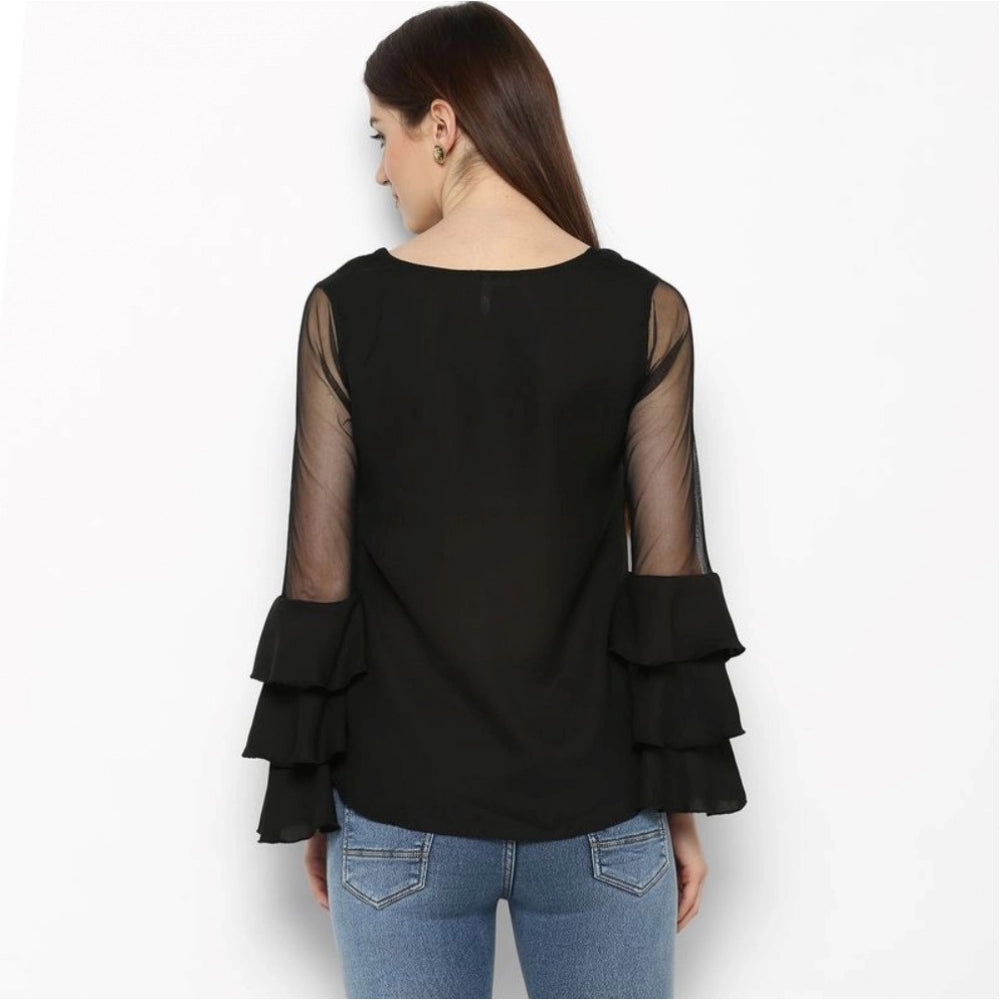 Women's Polyester Solid Tier Sleeve Top - Black