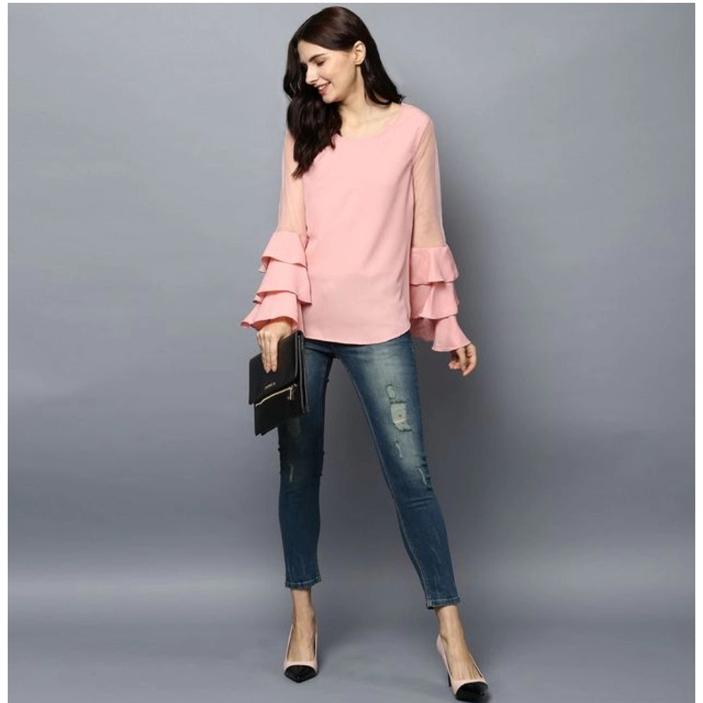 Women's Polyester Solid Tier Sleeve Top - Pink