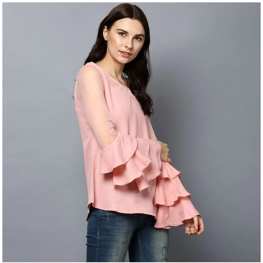 Women's Polyester Solid Tier Sleeve Top - Pink