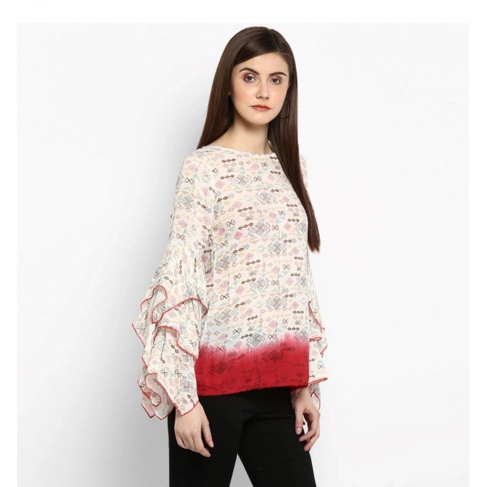 Women's Rayon Crepe Printed Ruffle Sleeve Top - Off White - Red