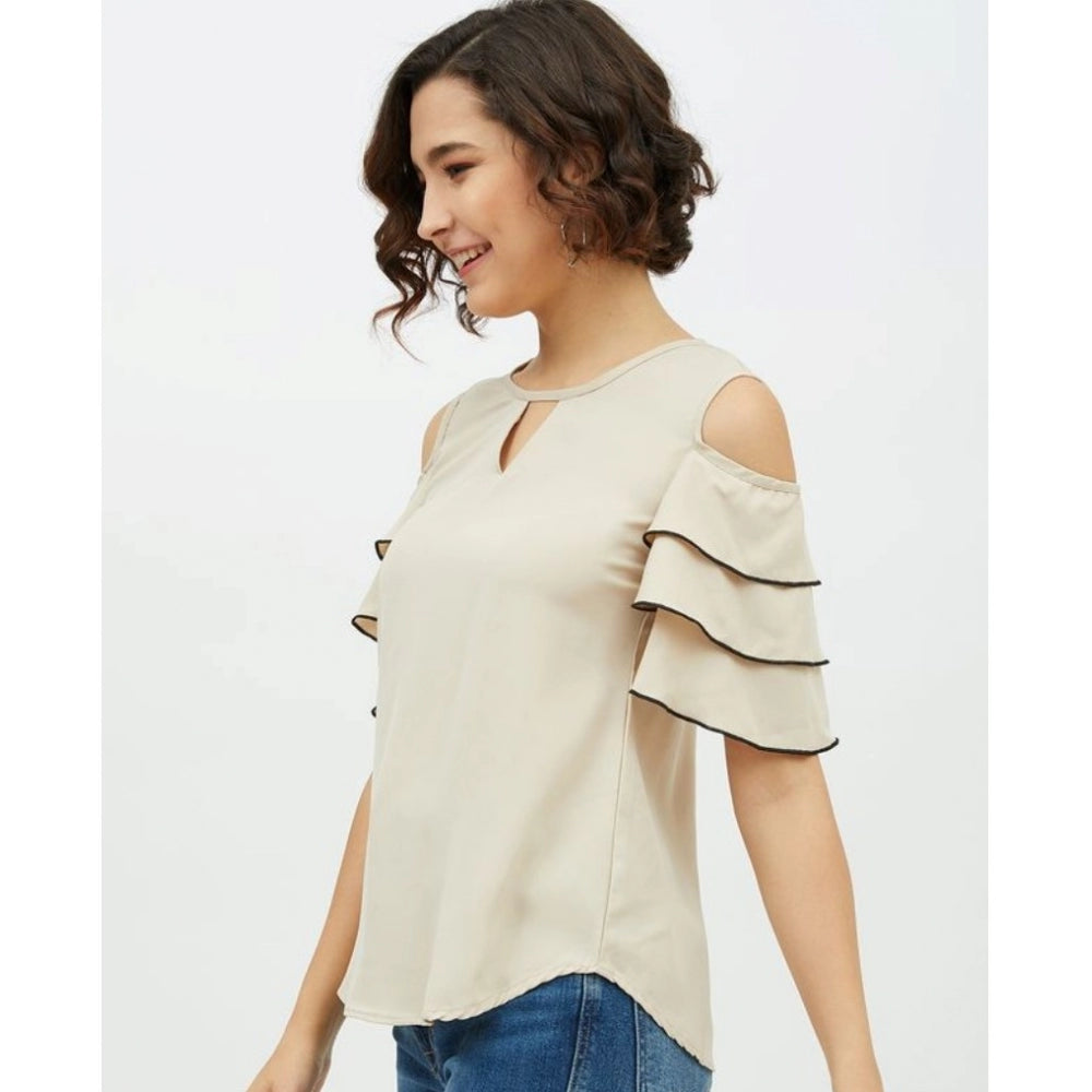 Women's Polyester Tiered Cold Shoulder Top - Beige