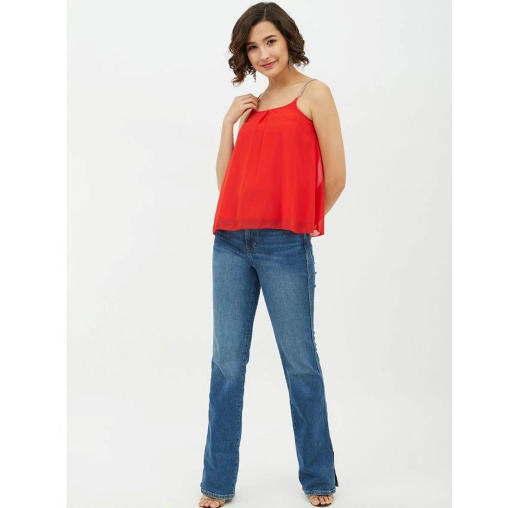 Women's Polyester Embellished Shoulder Straps Top - Red