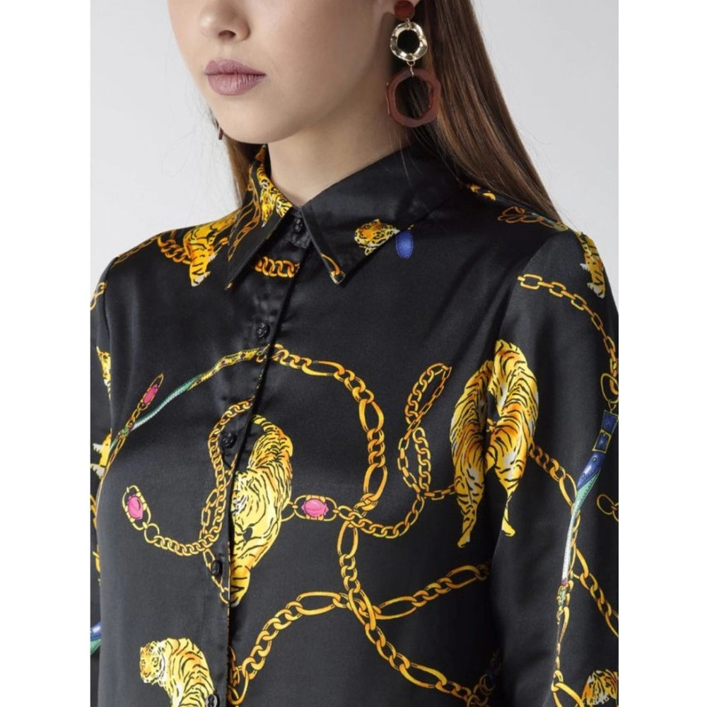 Women's Satin Printed Long Sleeve Standard Length Shirt - Black - Gold