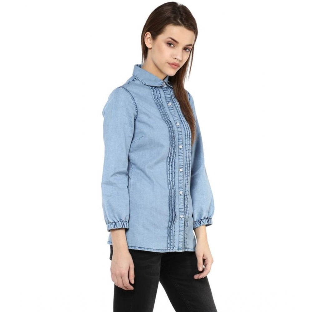 Women's Denim Solid 3/4 Sleeve Sleeves Standard Length Shirt - Blue