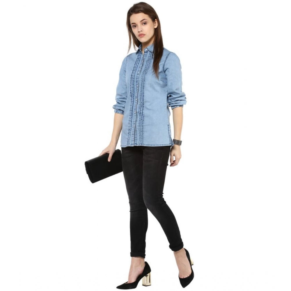 Women's Denim Solid 3/4 Sleeve Sleeves Standard Length Shirt - Blue