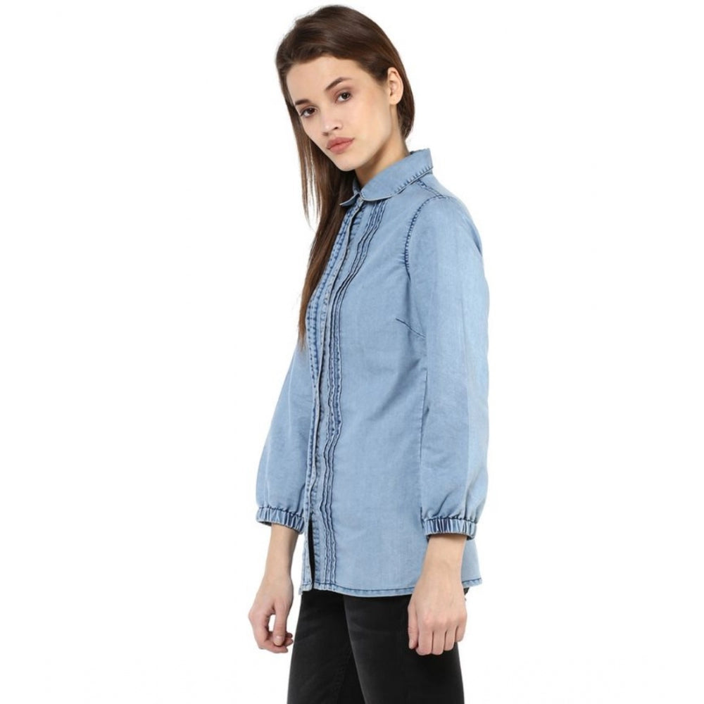 Women's Denim Solid 3/4 Sleeve Sleeves Standard Length Shirt - Blue