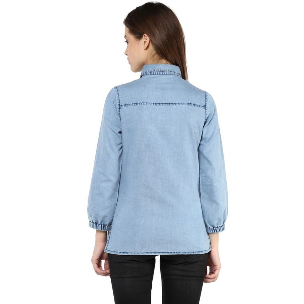 Women's Denim Solid 3/4 Sleeve Sleeves Standard Length Shirt - Blue