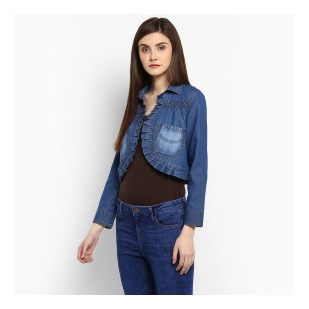 Women's Denim Pleated 3/4 Sleeve Sleeves Shrug - Blue