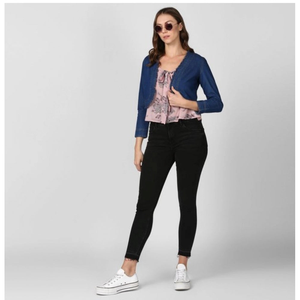 Women's Denim Ruffled Long Sleeve Shrug - Navy Blue