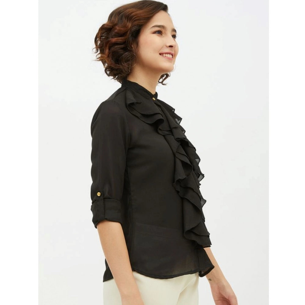 Women's Polyester Ruffled Long Sleeve Standard Length Shirt - Black