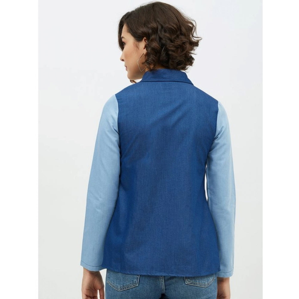 Women's Denim Patch Work Long Sleeve Standard Length Shirt - Blue