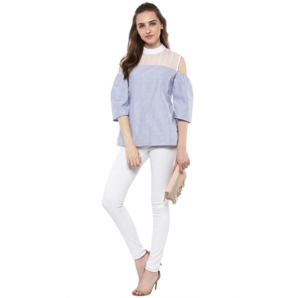 Women's Cotton Striped Cold Shoulder Top - Blue