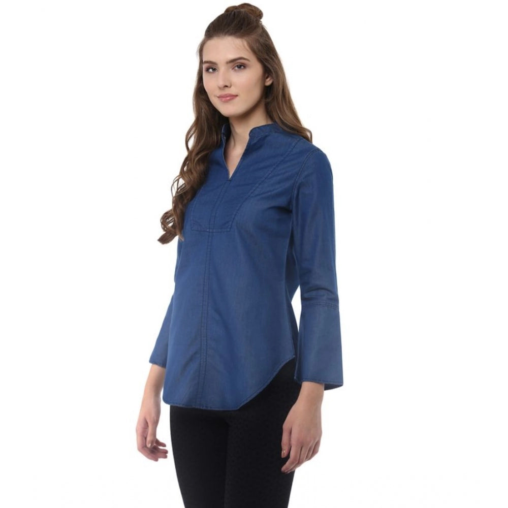 Women's Denim Solid Bell Sleeve Regular Top - Blue Denim