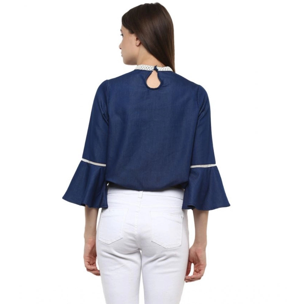 Women's Polyester Solid Bell Sleeve Regular Top - Blue