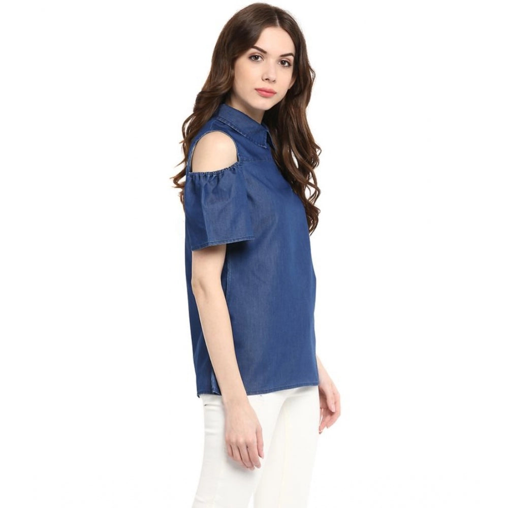Women's Denim Solid Cold Shoulder Regular Top - Blue