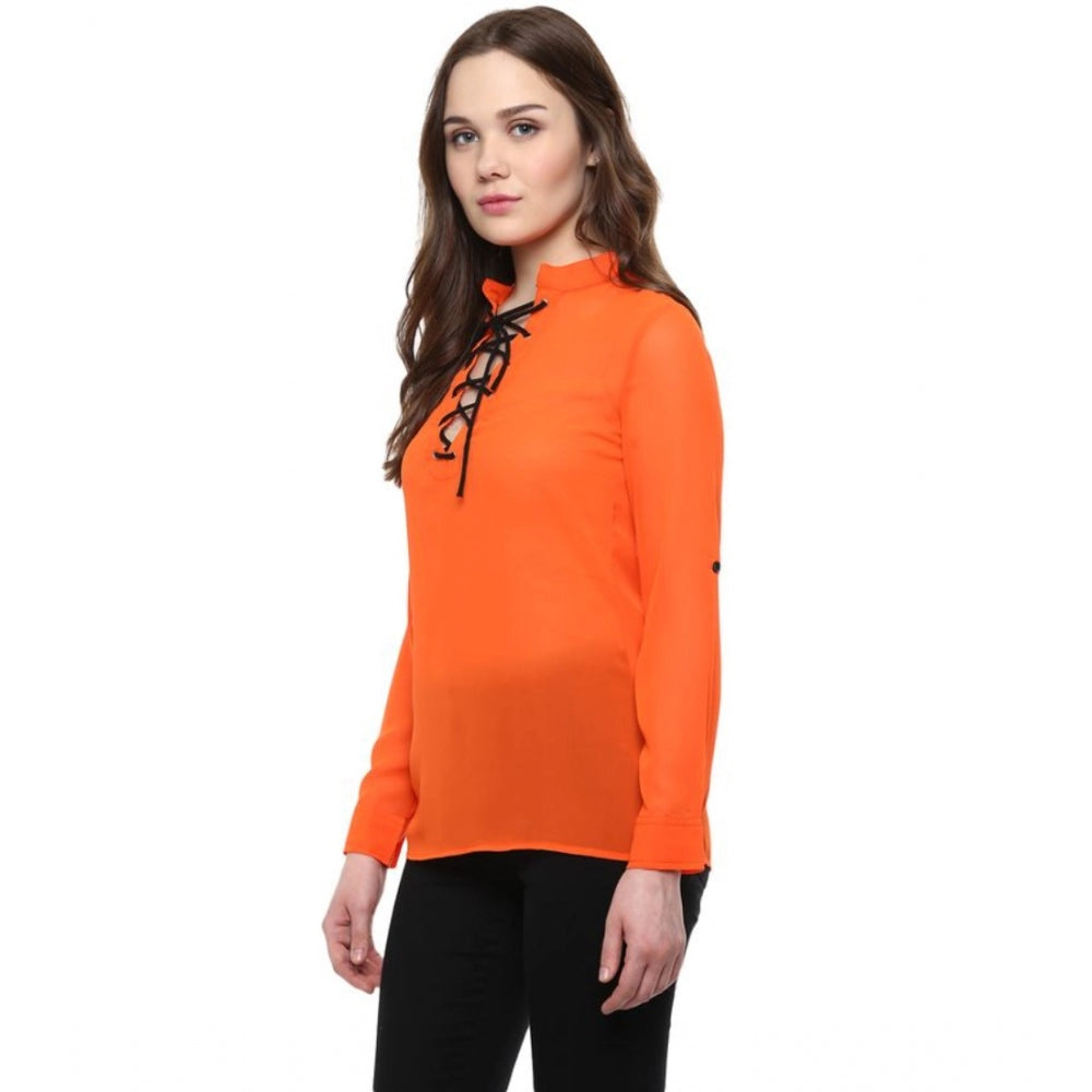 Women's Polyester Solid Long Sleeve Regular Top - Orange