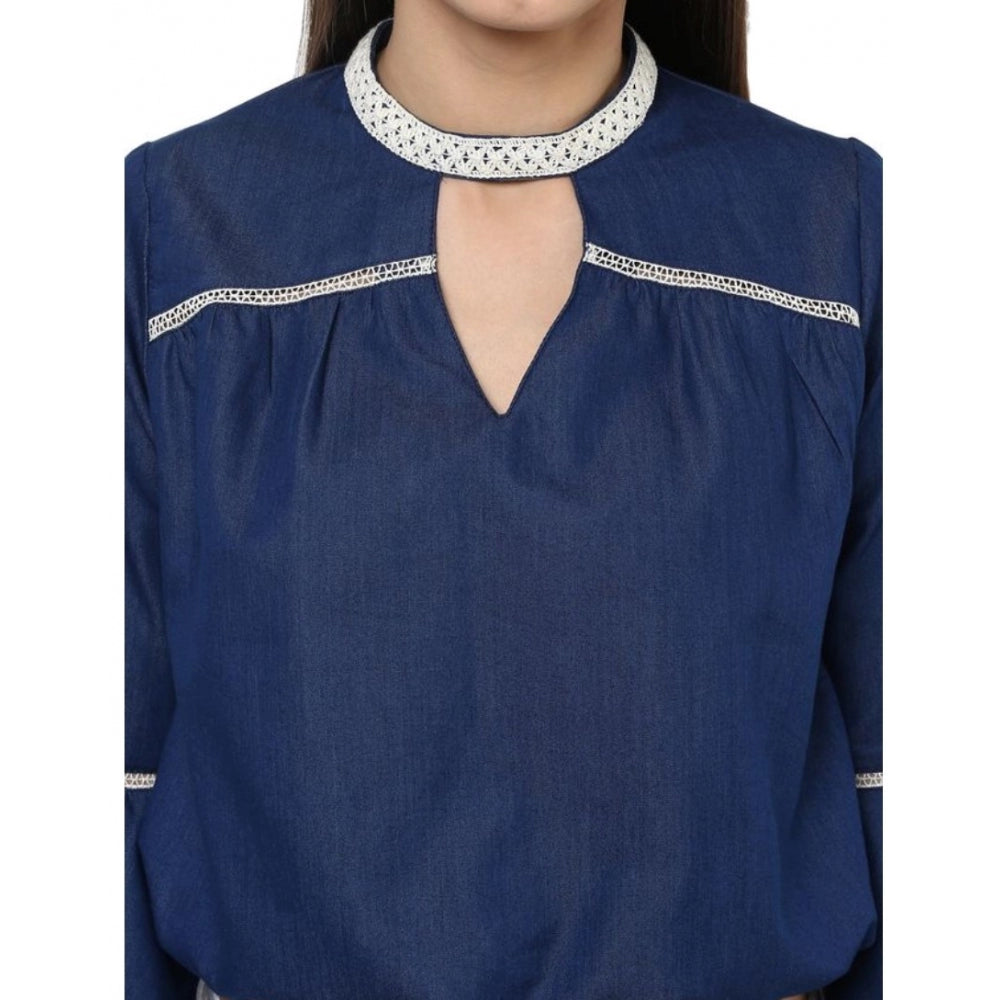 Women's Polyester Solid Bell Sleeve Regular Top - Blue
