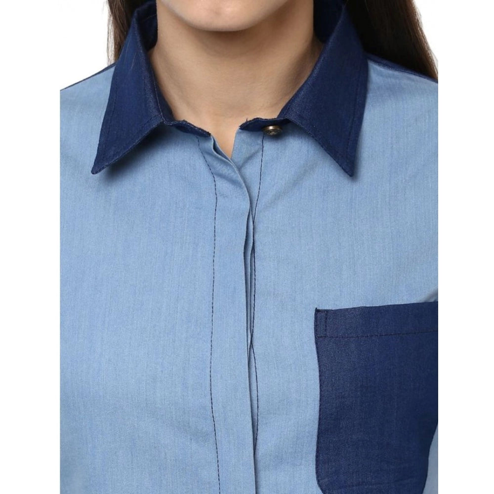 Women's Denim Patch Work Long Sleeve Regular Top - Blue