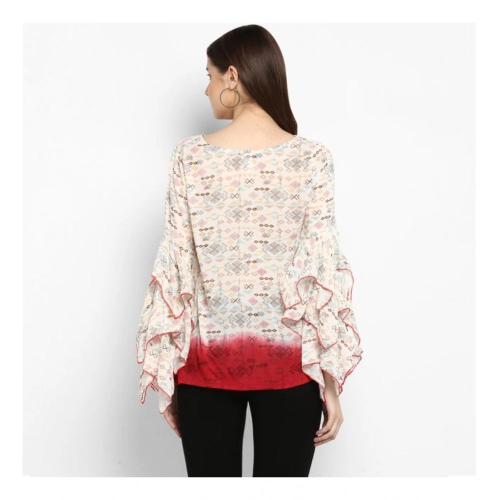 Women's Rayon Crepe Printed Ruffle Sleeve Top - Off White - Red