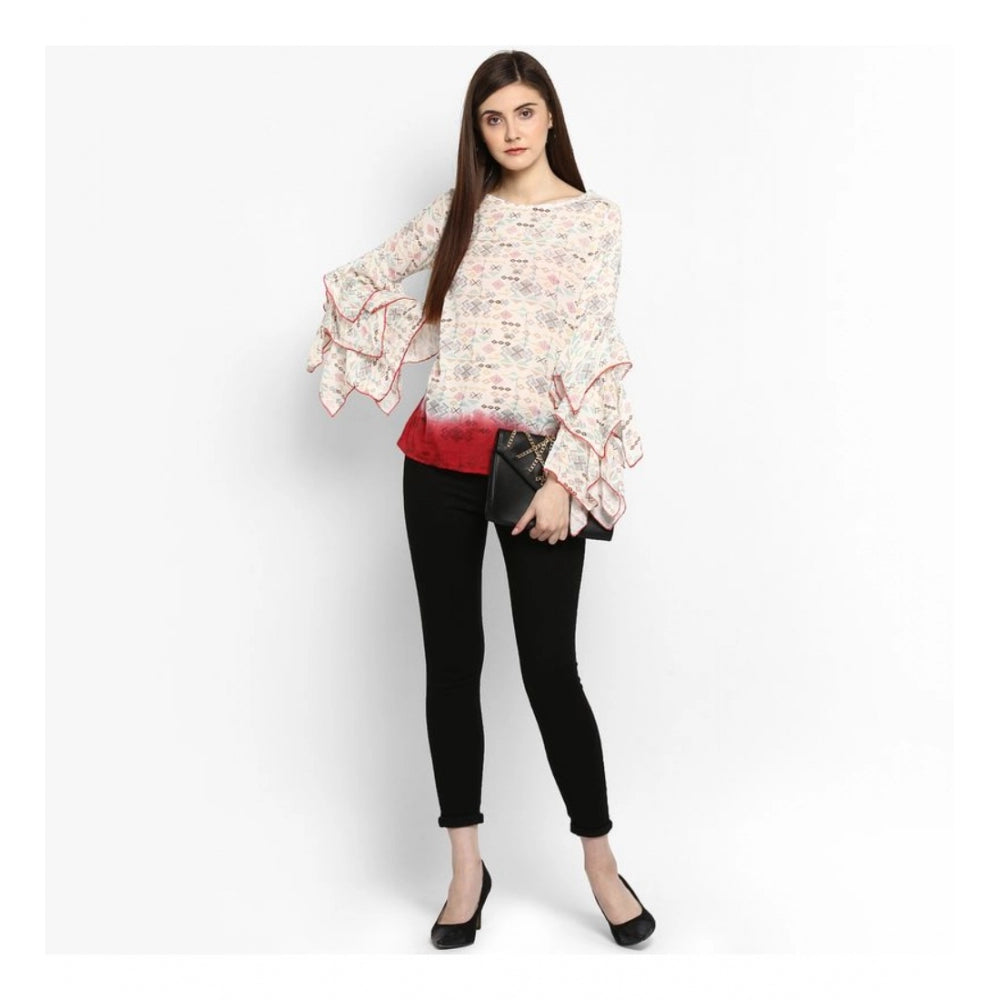 Women's Rayon Crepe Printed Ruffle Sleeve Top - Off White - Red