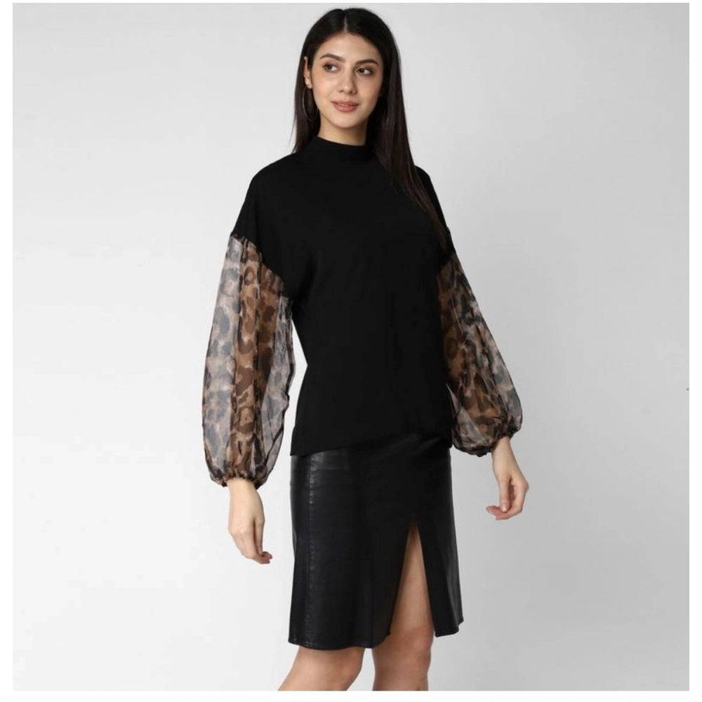 Women's Polyester Animal Print Long Sleeve Top - Black