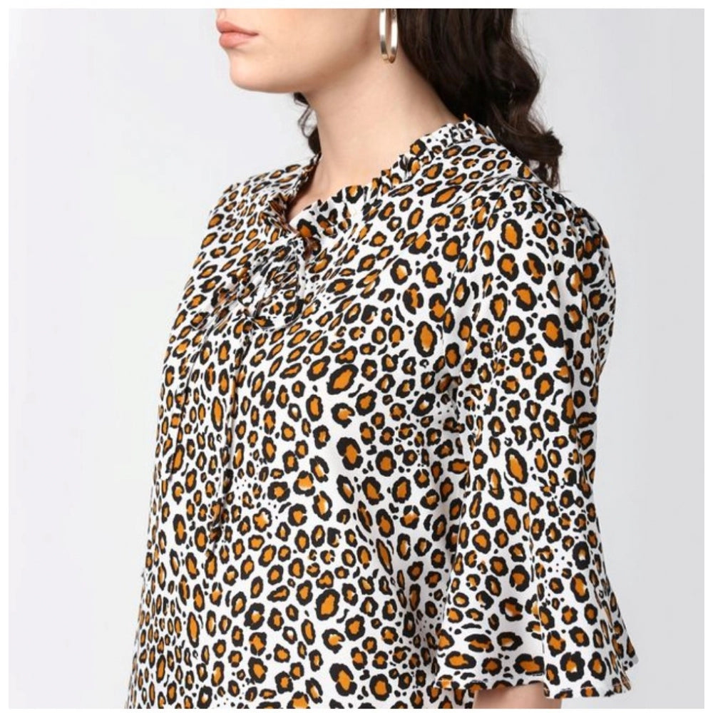 Women's Polyester Animal Print Bell Sleeve Top - Orange - Black