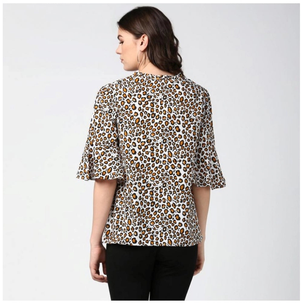 Women's Polyester Animal Print Bell Sleeve Top - Orange - Black