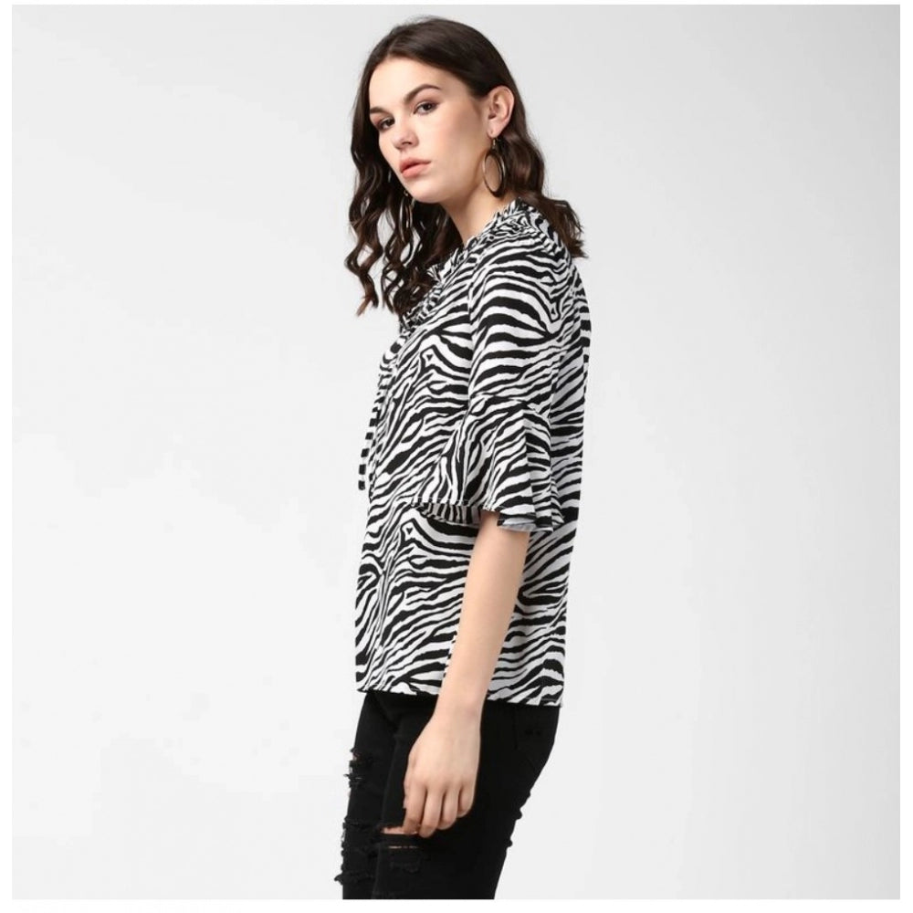 Women's Polyester Animal Print Bell Sleeve Top (Black - White) - POPNOVA