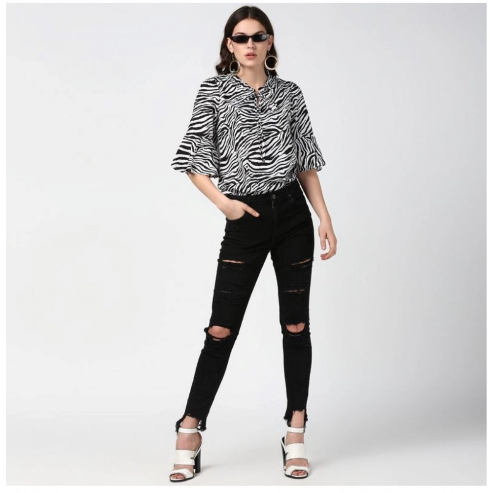 Women's Polyester Animal Print Bell Sleeve Top (Black - White) - POPNOVA