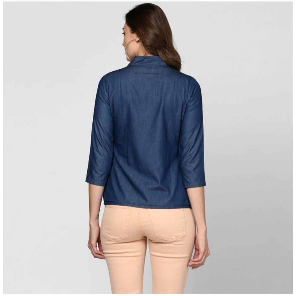 Women's Denim Solid 3/4 Sleeve Sleeves Top - Blue
