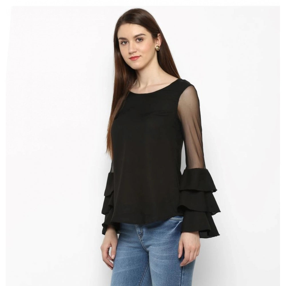 Generic Women's Polyester Solid Tier Sleeve Top (Black)