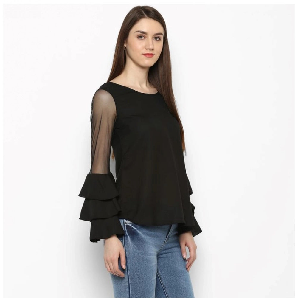 Women's Polyester Solid Tier Sleeve Top - Black