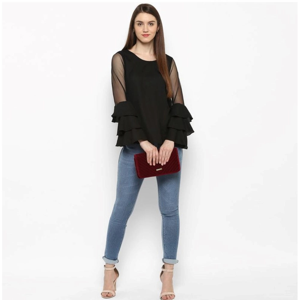 Women's Polyester Solid Tier Sleeve Top - Black