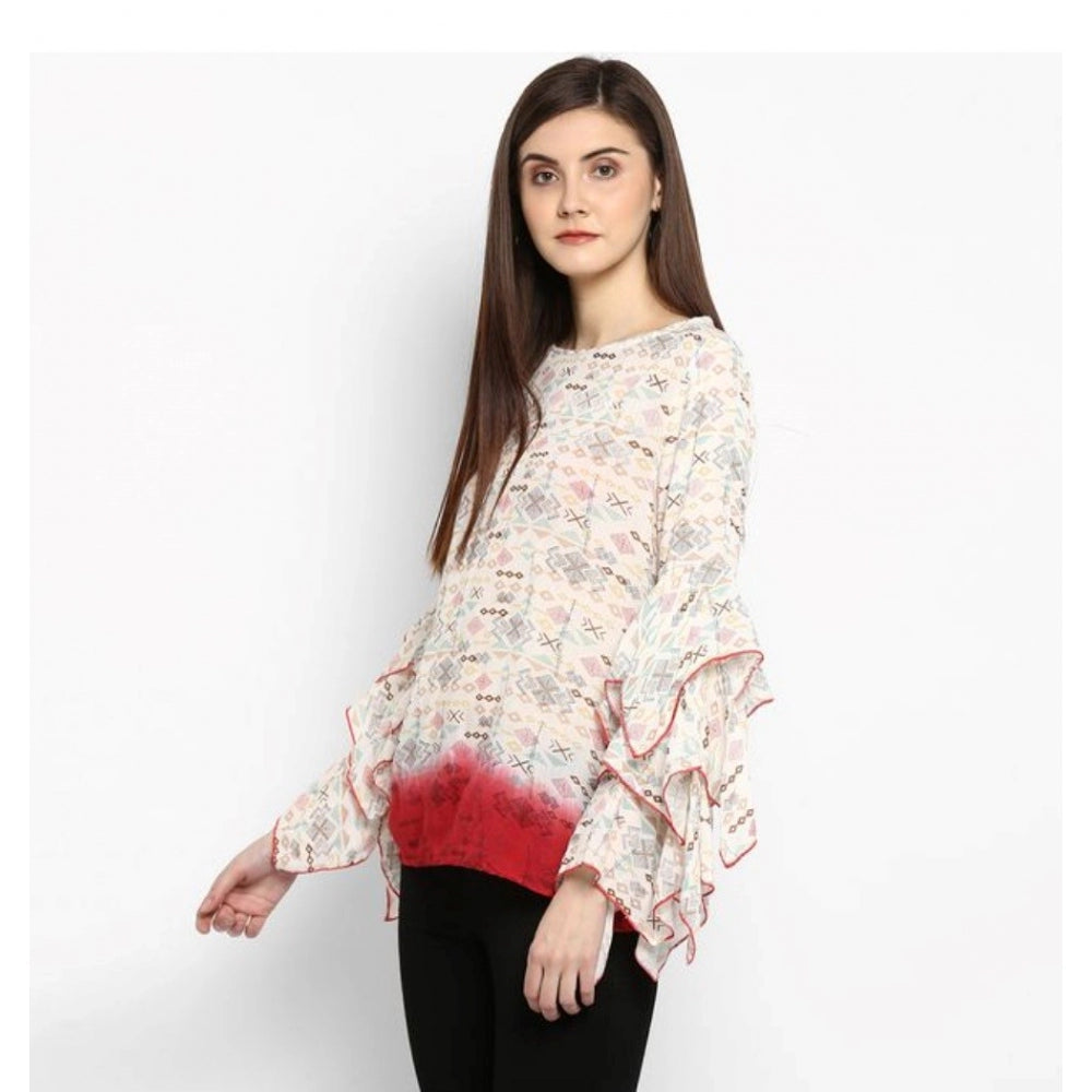 Women's Rayon Crepe Printed Ruffle Sleeve Top - Off White - Red