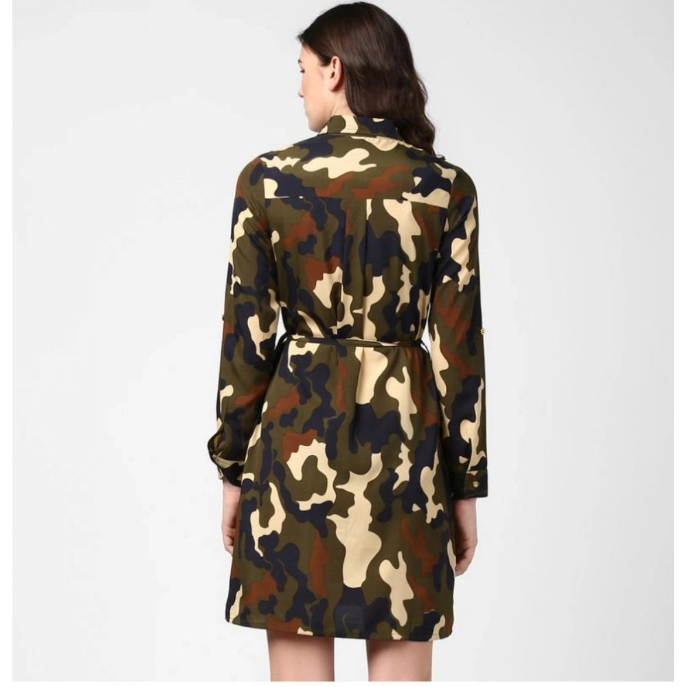 Women's Polyester Printed Roll Up Sleeve Tunic Top - Green - Black