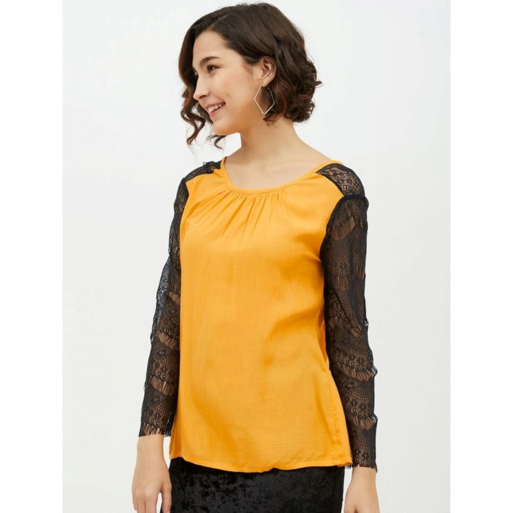 Women's Rayon Lace Inserts Long Sleeve Top - Yellow