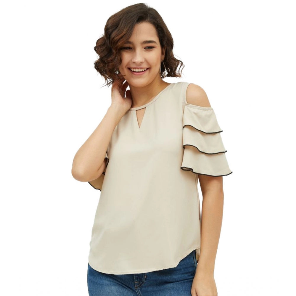Women's Polyester Tiered Cold Shoulder Top - Beige