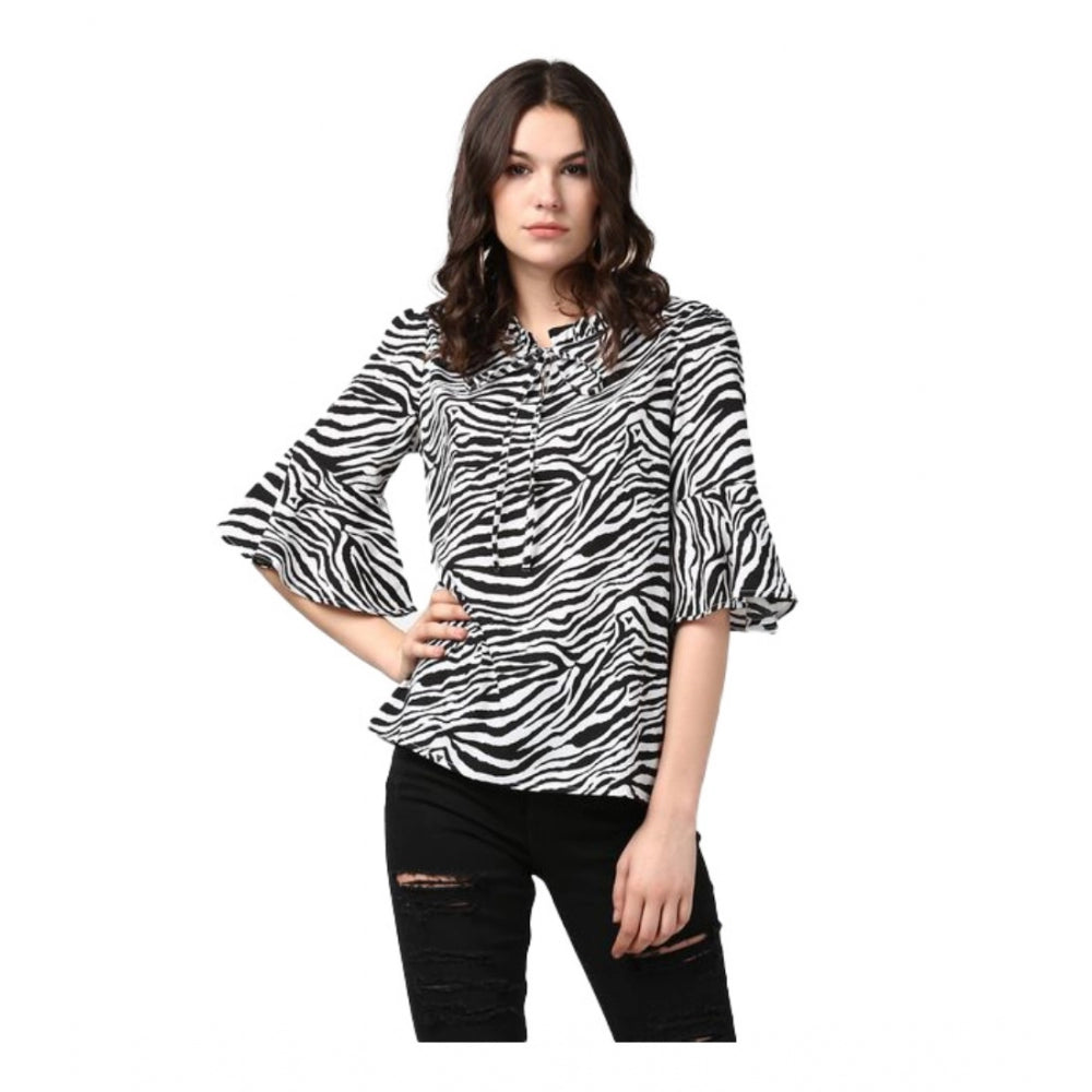 Women's Polyester Animal Print Bell Sleeve Top (Black - White) - POPNOVA
