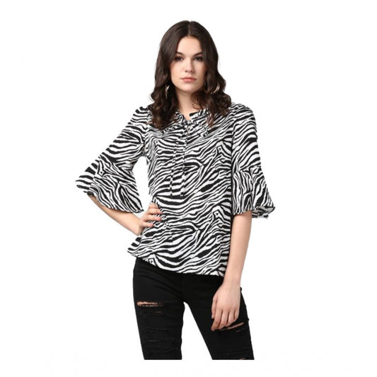 Women's Polyester Animal Print Bell Sleeve Top (Black - White) - POPNOVA