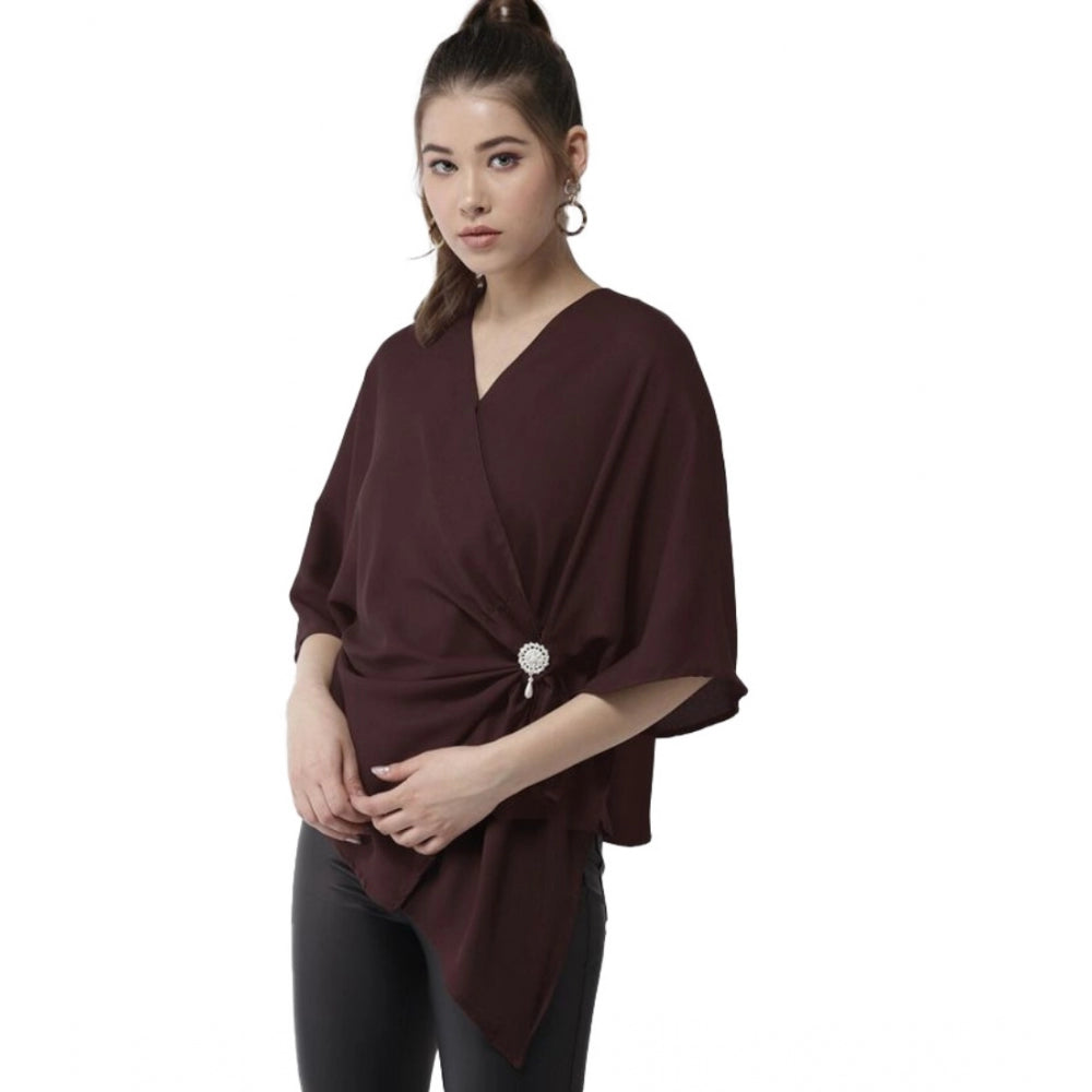 Women's Polyester Solid Cape Sleeve Top - Maroon