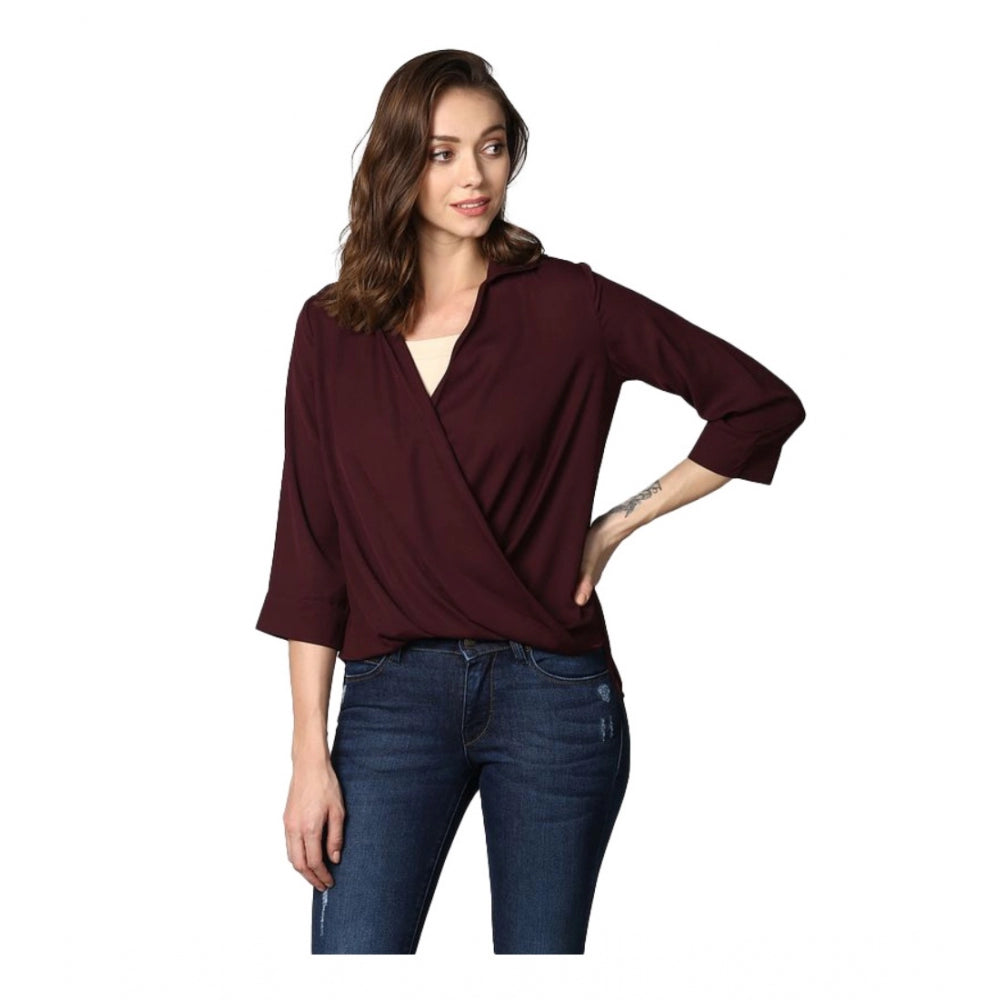 Women's Polyester Solid 3/4 Sleeve Sleeves Top - Maroon
