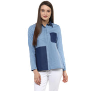 Women's Denim Patch Work Long Sleeve Regular Top - Blue