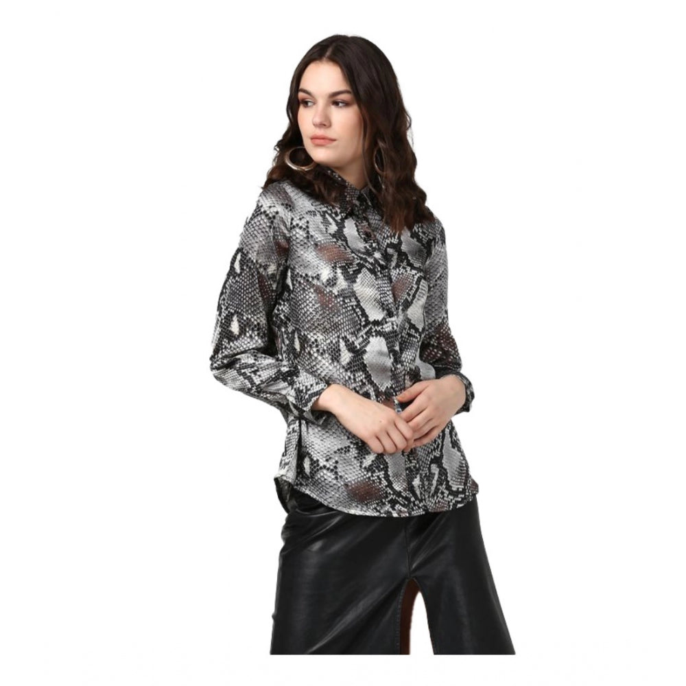 Women's Satin Animal Print Long Sleeve Standard Length Shirt - Black - Grey