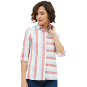 Women's Cotton Striped Long Sleeve Standard Length Shirt - Pink