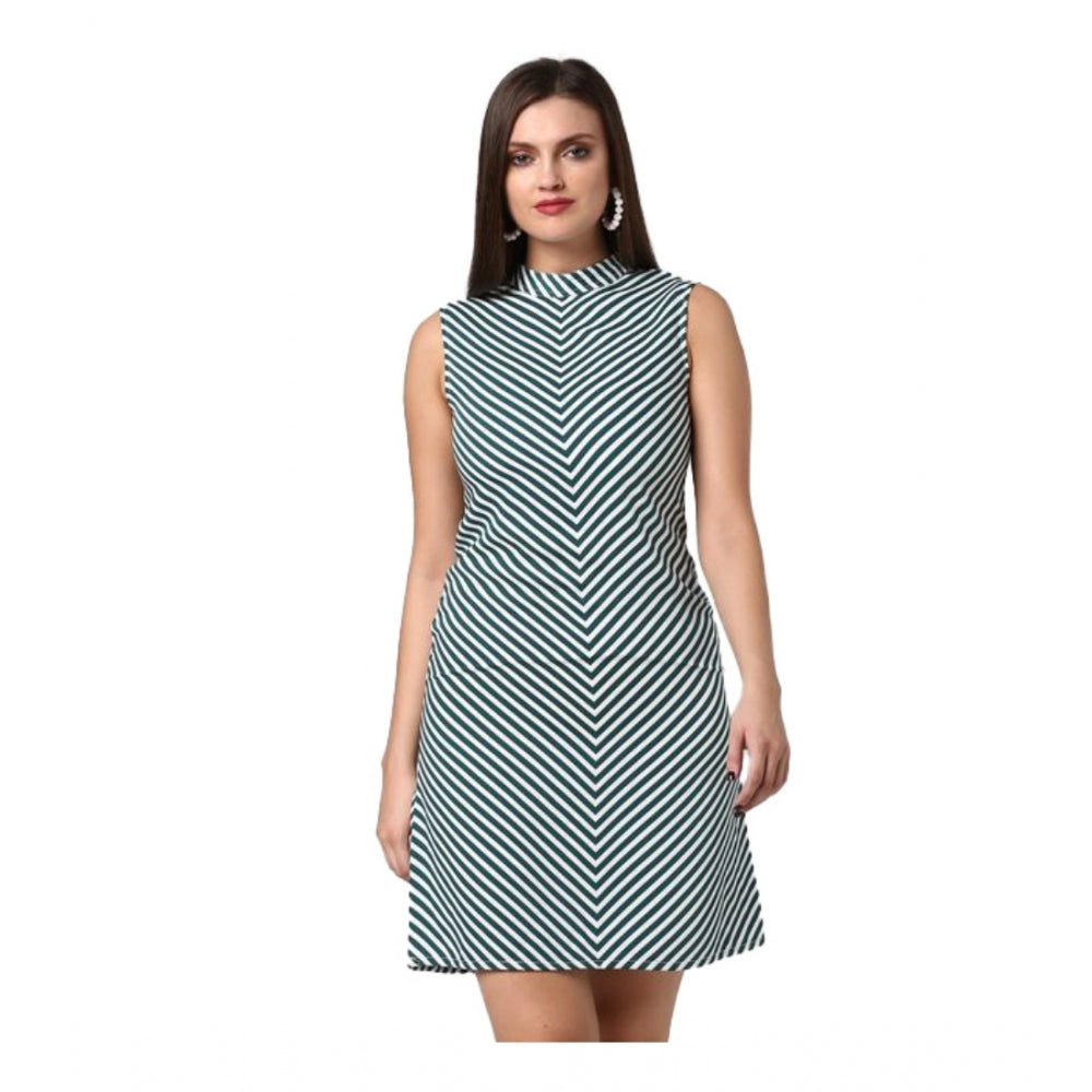 Generic Women's Polyester Striped Sleeveless Above Knee Dress (Green)