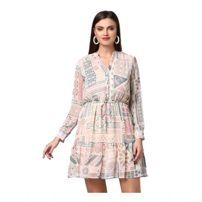 Generic Women's Polyester Printed Long Sleeves Above Knee Dress (Light Pink - Off White) - Women's Dress | POPNOVA
