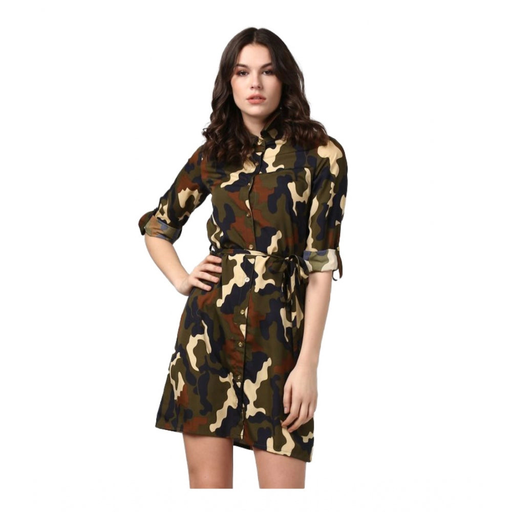 Women's Polyester Printed Roll Up Sleeve Tunic Top - Green - Black