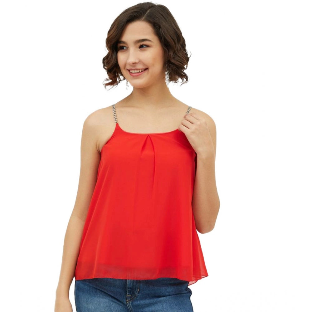 Women's Polyester Embellished Shoulder Straps Top - Red