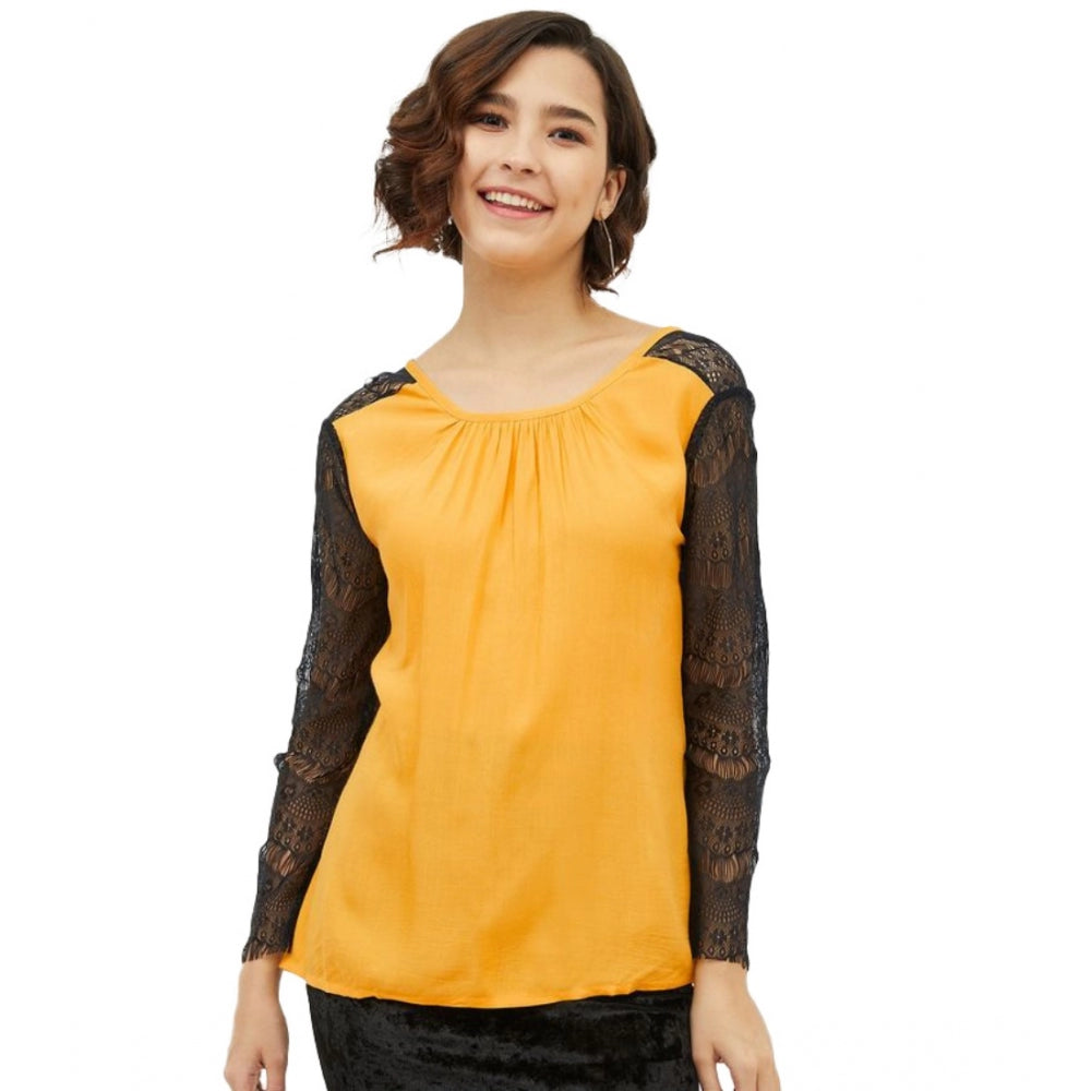 Women's Rayon Lace Inserts Long Sleeve Top - Yellow